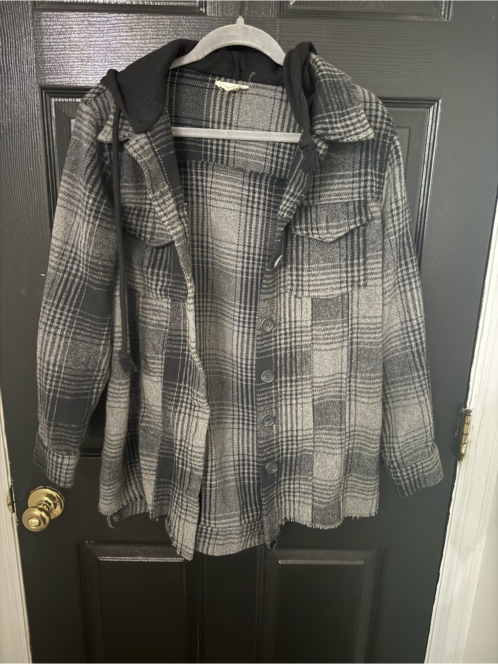 Mystree Black & Gray Plaid Hooded Utility Shacket